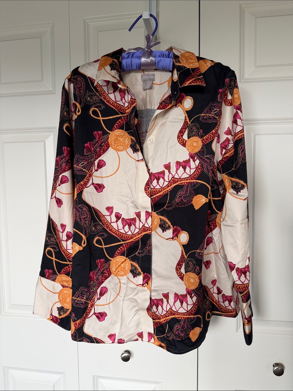 Chico's Printed Button-Front Long Sleeve Shirt - Black, Cream & Orange